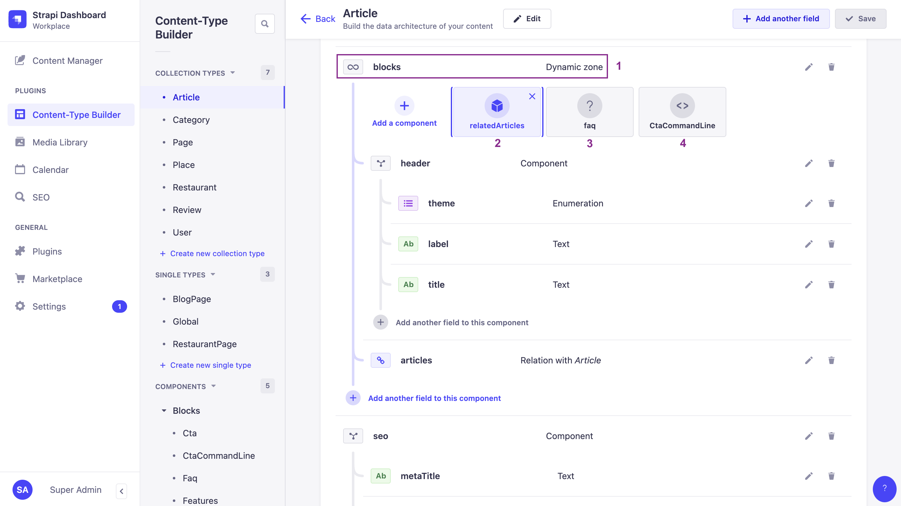FoodAdvisor's 'blocks' dynamic zone structure in the Content-Type Builder